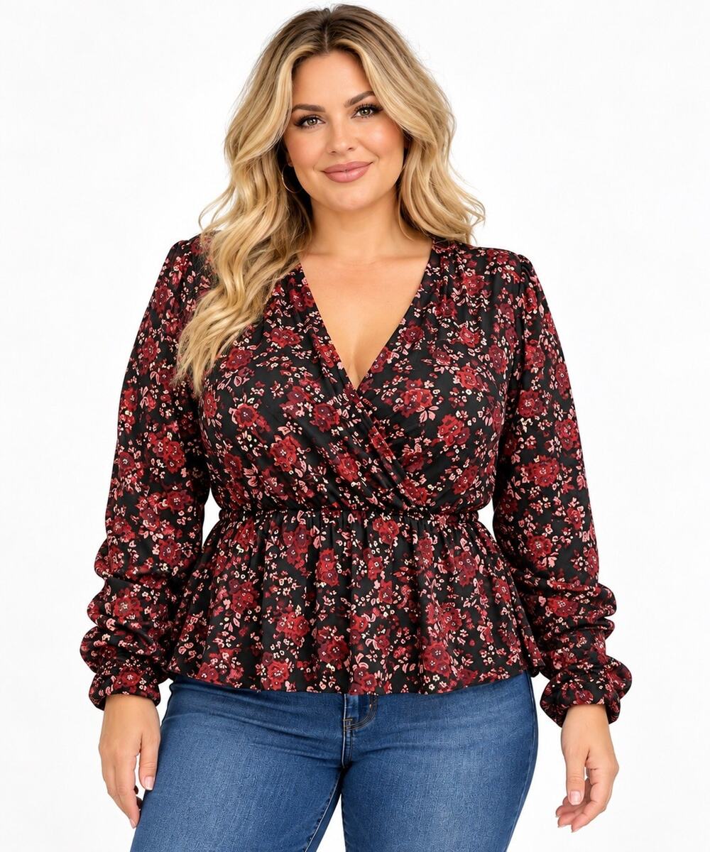 ELOQUII Elements Size 16 Floral Wrap Peplum Blouse Black Burgundy Long Sleeve